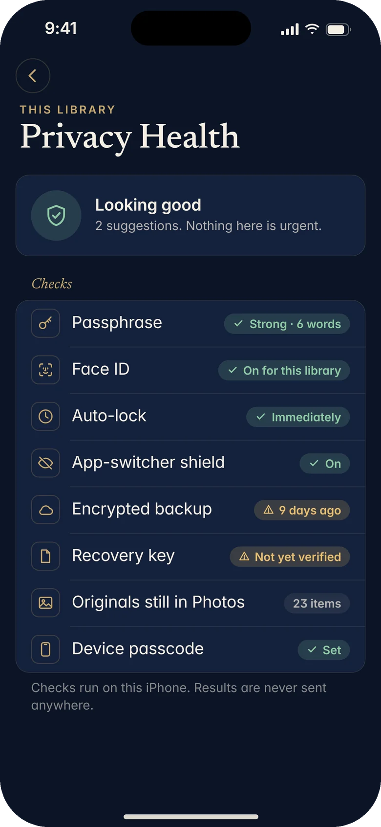 Library health: every item encrypted and verified, with the last backup time and storage used.