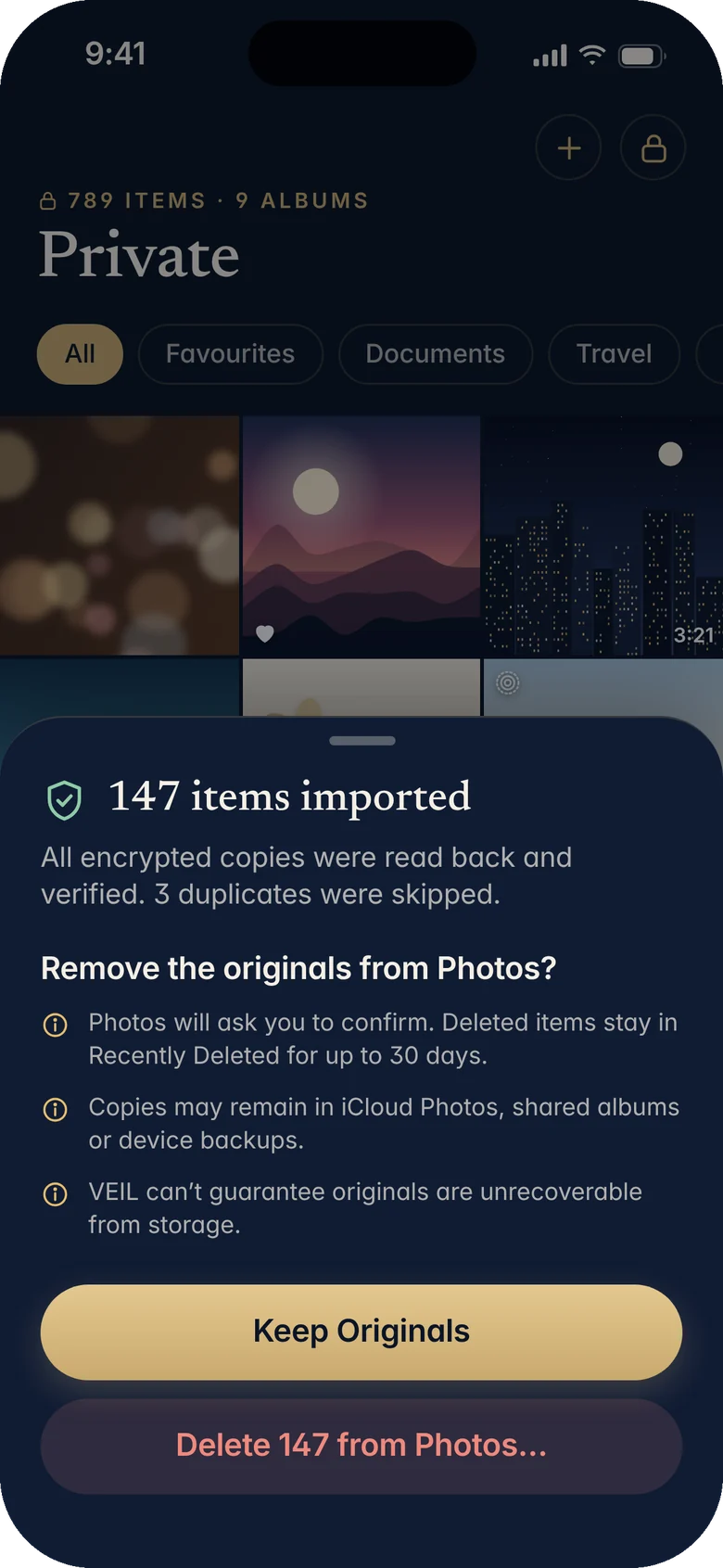 Import complete: 147 items encrypted and verified, with the choice to keep or delete the originals in Photos.
