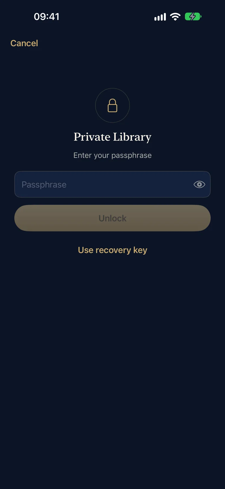 The lock screen: one passphrase field, an Unlock button and Use recovery key.