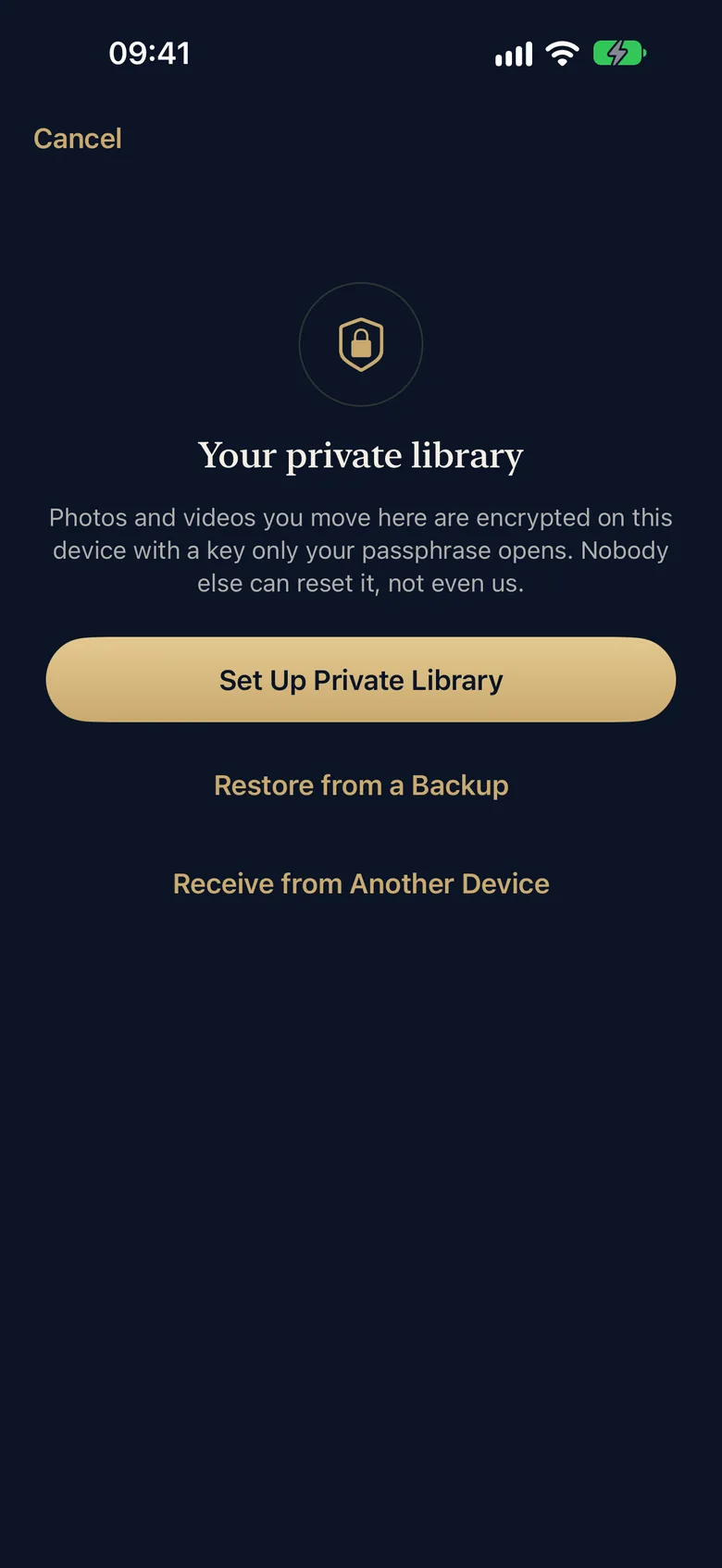 Private library setup: a short explanation and a Set Up Private Library button, with options to restore a backup or receive from another device.
